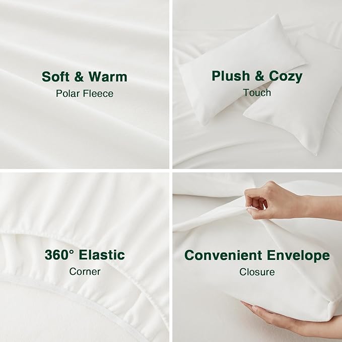Love's cabin Fleece Twin Sheet Set - 3 Pcs White Super Soft Plush Polar Fleece Bed Sheets Set with 16" Deep Pocket,Cozy Warmth for Cold Season(1 Flat Sheet,1 Fitted Sheet,1 Pillow Case)