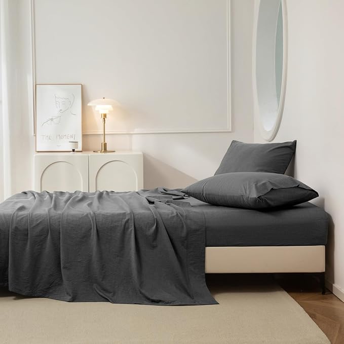 JIYUAN 100% Washed Cotton Sheet Set 3 Pieces Twin,1 Fitted Sheet,1 Flat Sheet and 1 Pillowcase, Comfy and Breathable Linen Like Bedding Set,Heathered Dark Grey