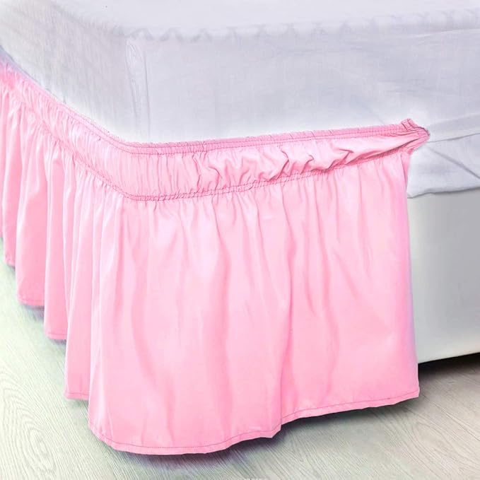 Bed Skirt - Wrap Around Bed Skirts Elastic Dust Ruffles, Easy Fit Wrinkle and Fade Resistant Luxurious Fabric Solid Color, Pink Olympic Queen Size Beds 15 Inch Drop