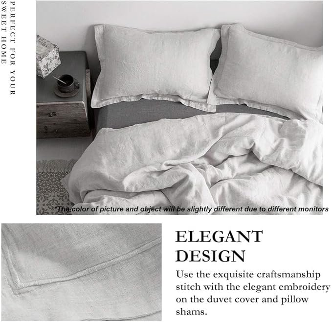 Simple&Opulence 100% French Flax Linen Duvet Cover Set with Embroidery Washed - 3 Pieces (1 Duvet Cover with 2 Pillow Shams) with Button Closure Soft Breathable Farmhouse - Light Grey, King Size
