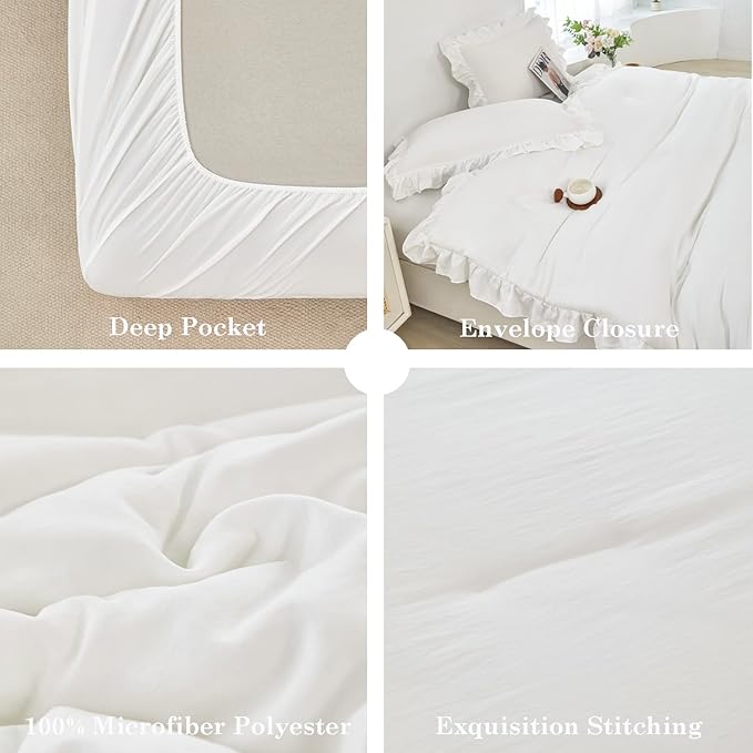 ANGIYUIN White Ruffle Comforter Set Twin 5 Pieces Ruffled Bed in A Bag with Sheets Soft Farmhouse Bedding Sets for Kids Girls Teens(White Twin)