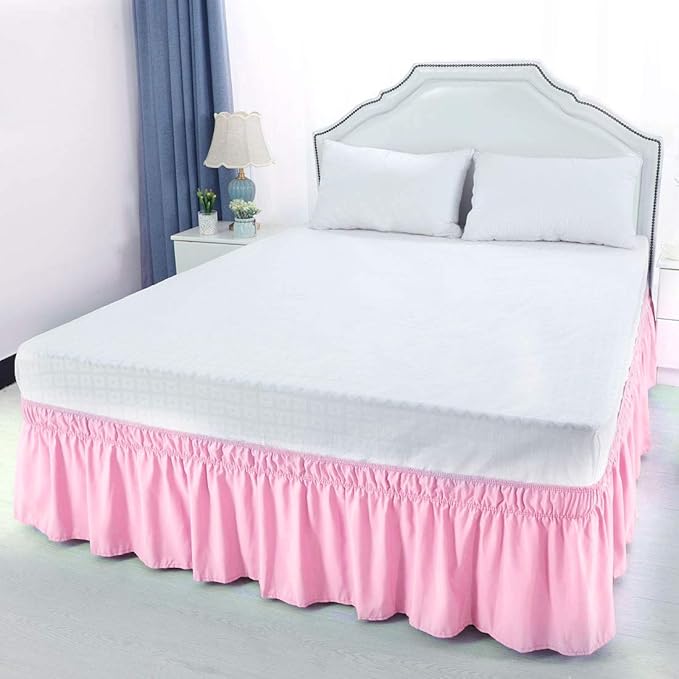 Bed Skirt - Wrap Around Bed Skirts Elastic Dust Ruffles, Easy Fit Wrinkle and Fade Resistant Luxurious Fabric Solid Color, Pink Twin XL Size Beds 15 Inch Drop