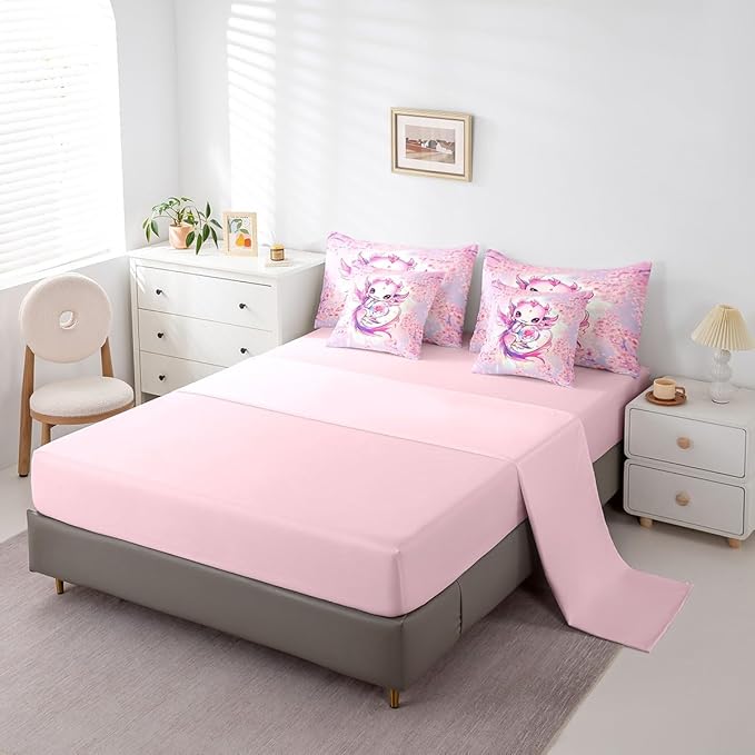 Feelyou Kids Cute Axolotl Bed in A Bag Twin Size, Cartoon Animal 7 Pieces Bedding Set Boys Girls Kawaii Ocean Sealife Comforter Set with Sheets Floral Teens Bed Set 7Pcs