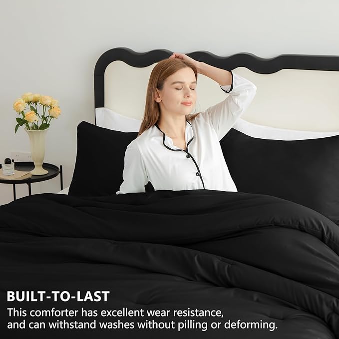 CozyLux California King Comforter Set Black, 3 Pieces Cal King Solid Breathable Quilted Bedding Sets, Cozy Luxury Fluffy Soft Bed Sets with Down Alternative Comforter and 2 Pillowcases for All Season