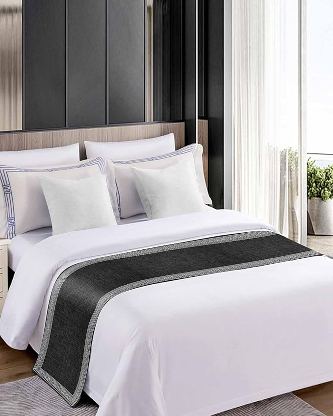 Greece Key Design Black White Bed Runners for Bedroom Hotel,Decorative Bedding Scarf Vintage Burlap Linen Bed End Blanket Bedding Runner Scarves for King Size Bed,102x20in