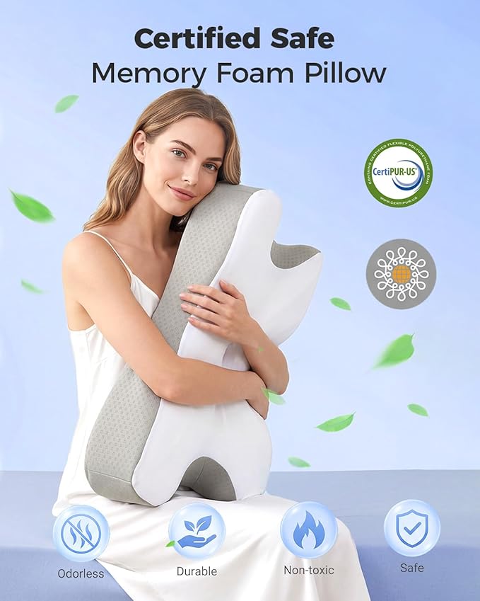 Ergonomic Cervical Memory Foam Pillow with Wide Arm Support Area, Cooling Breathable Removable Pillowcase, for Side, Back and Stomach Sleepers, for Better Neck Comfort