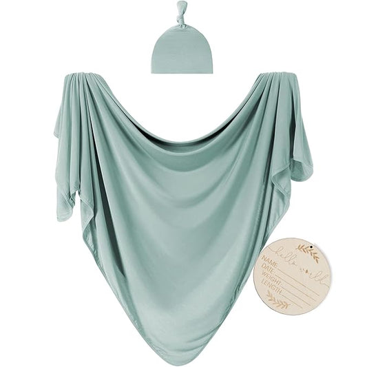 Large Jersey Knitted Swaddle Blanket for Baby, Soft Stretchy Receiving Blanket for Newborns with Hat, Baby Nursery Swaddle 47 x 47 inches(Seafoam)