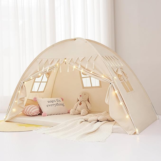 Akiky Bed Tent Bed Canopy Twin Size with Bottom,Kids Tent Indoor Floor with Lights Portable Foldable Bunk Curtains for Girls Boys (Natural, Twin)