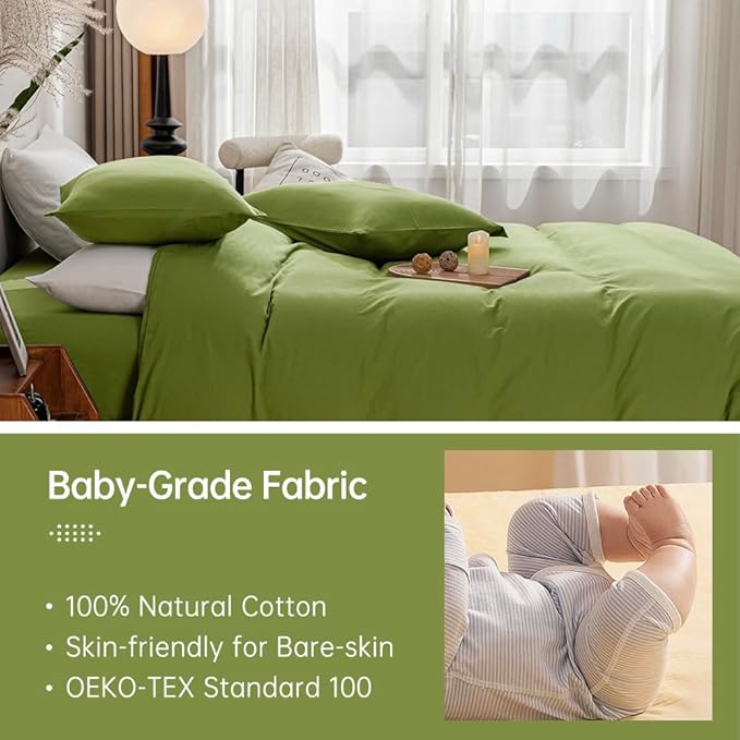 JELLYMONI Christams Duvet Cover Queen Size - 100% Washed Cotton Linen Like Textured Comforter Cover, 3 Pieces Breathable Soft Bedding Set with Zipper Closure (Avocado Green, Queen 90"x90")