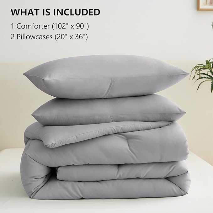 CozyLux King Size Comforter Set Grey, 3 Pieces Solid Gray Comforters King Size Breathable Quilted Bedding Set, Luxury Soft Bed Sets with Down Alternative Comforter (1 Comforter & 2 Pillowcases)