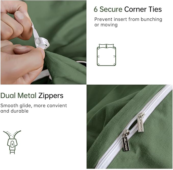 JELLYMONI Green Duvet Cover Twin Size - 100% Washed Cotton Linen Feel Textured Comforter Cover, 2 Pieces Breathable Soft Bedding Set with Zipper Closure (Green, Twin 68"x90")