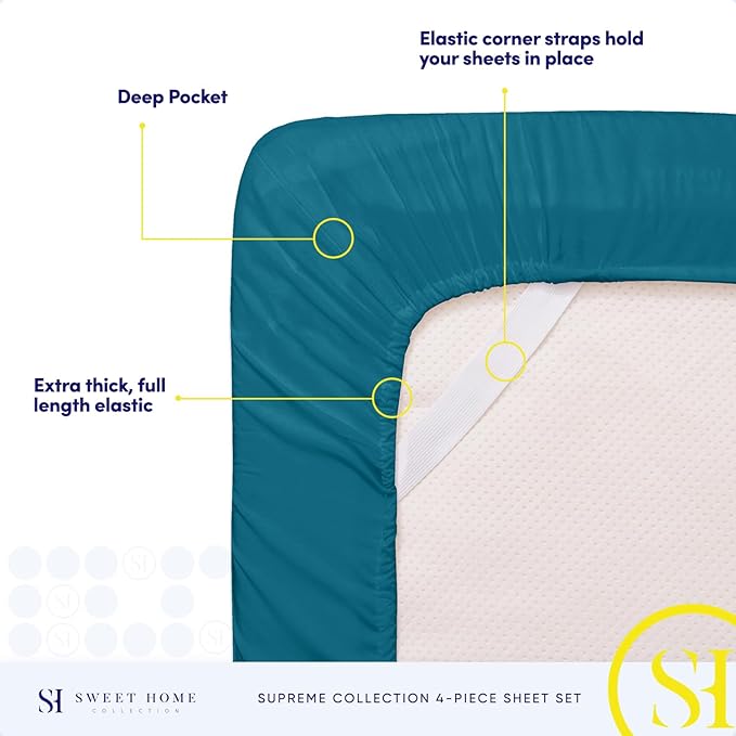 Split King Sheets - Breathable Luxury Sheets with Full Elastic & Secure Corner Straps Built In - 1800 Supreme Collection Extra Soft Deep Pocket Bedding Set, Sheet Set, Split King Size, Teal