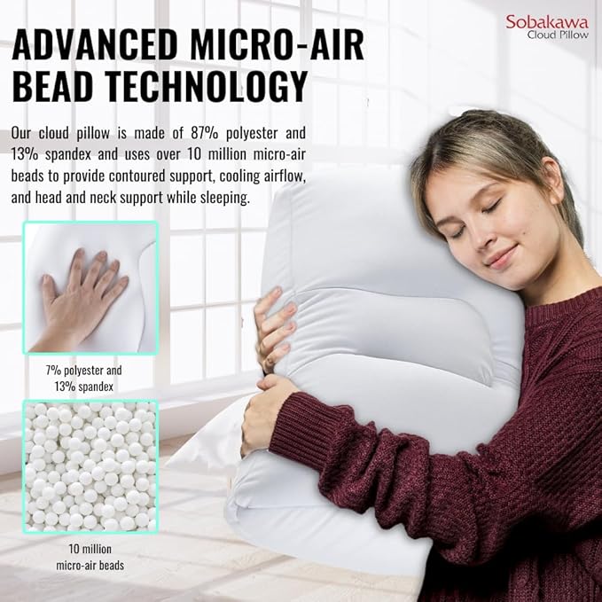 Sobakawa Cloud Pillow with Microbead Fill- Microbead Pillow- Contoured-Shaped Pillow for Neck and Head- Support Pillow for Sounder Sleep- Microbead Pillow for Sleeping- White