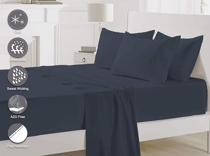 Pizuna Pure 100% Cotton Sheets California King Size, Luxurious 400 Thread Count Long Staple Cotton Sateen Sheets California King with 15" Deep Pocket (Combed Dark Blue Cotton Sheets California King)