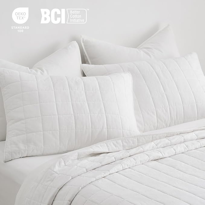 EVERGRACEHOME 100% Cotton Box Stitch Quilt Bedding Set King Size 3 Pieces, Garment-Washed Lightweight Soft Cozy Coverlet, Oversized Quilted Bedspread Sets with 2 Shams for All Season, Bright White