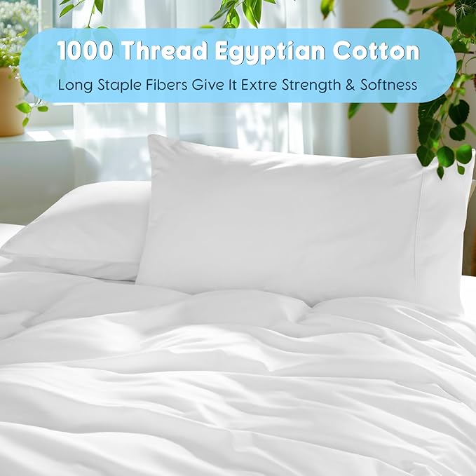 SONORO KATE 100% Egyptian Cotton Sheets Set, Extra Deep Pocket up to 18"-24",1000 High Thread Count, Soft & Breathable 5-Star Hotel Sateen Bed Sheets - 4 PC (White,Queen)