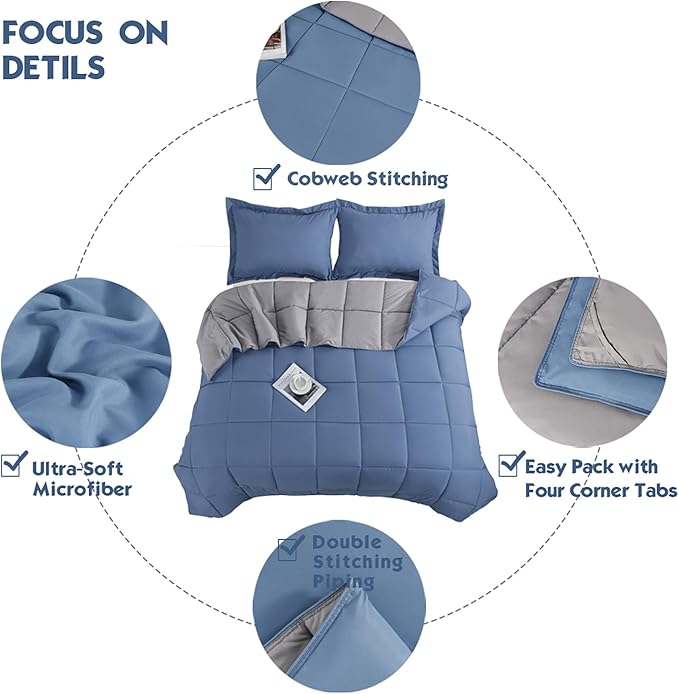 HIG 3pc Dusty Blue Queen Size Comforter Set - All Season Reversible Down Alternative Comforter with Sham - Quilted Duvet Insert with Corner Tabs - Box Stitched Blanket - Breathable, Soft, Fluffy