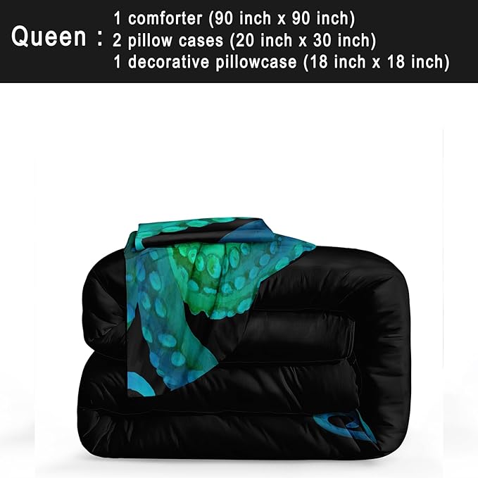 Bedbay Ocean Octopus Comforter Set Queen Size Ocean Animal Comforter Set for Kids Teens Sea Marine Themed Octopus Bedding Tentacles Pattern Queen Bedding Set