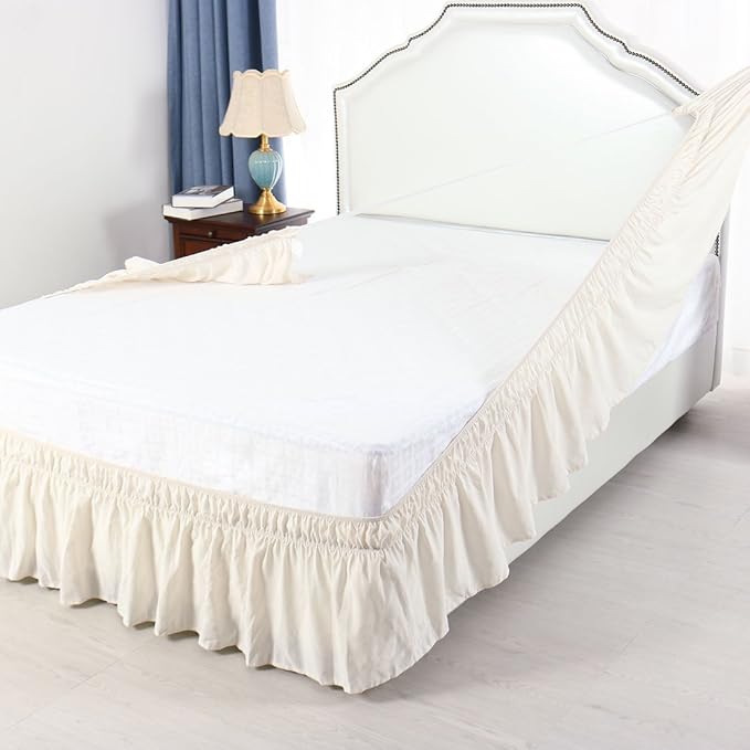 Bed Skirt - Wrap Around Bed Skirts Elastic Dust Ruffles, Easy Fit Wrinkle and Fade Resistant Luxurious Fabric Solid Color, Ivory Full XXL Size Beds 15 Inch Drop
