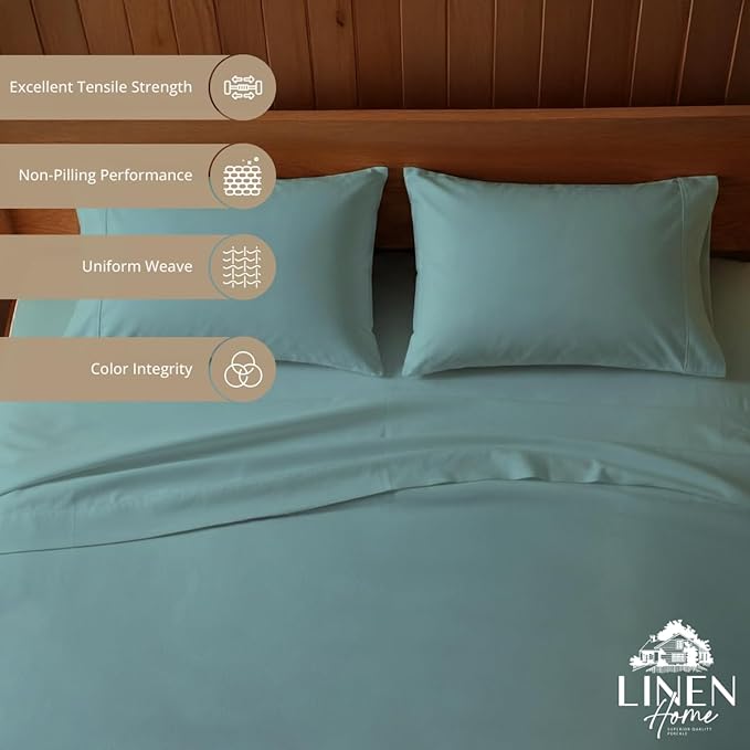 Linen Home 100% Cotton Percale Sheets King Size, Aqua Blue, Deep Pocket, 4 Pieces Set - 1 Flat, 1 Deep Pocket Fitted Sheet and 2 Pillowcases, Crisp Cool and Strong Bed Linen