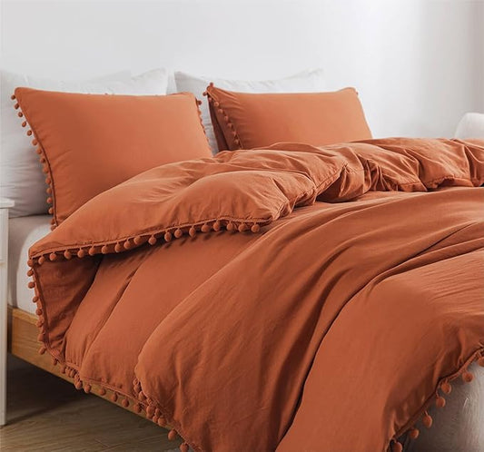 TanNicoor Pom Fringe Duvet Cover Set - 3 Piece Natural Ultra SOFE Color Washed Microfiber Bedding Set, Modern Style Down Comforter Quilt Cover with Zipper Closure(Full, Terracotta)