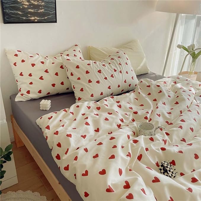 Nayoroom Heart Duvet Cover Full Size Cute Red Love Heart Printed on White Bedding Set 3Pcs Kids Girls Kawaii Heart-Shaped Pattern Comforter Cover with Zipper Closure Soft Breathable Microfiber