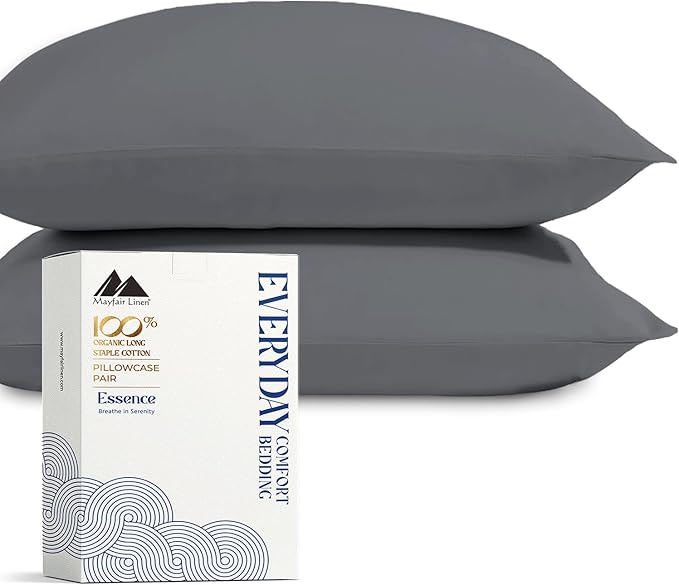Mayfair Linen 100% Organic Cotton King Size Pillow Cases Set of 2 - Ultra Soft Hotel Quality King Pillow Covers, Authentic GOTS Certified, Crisp, Cooling Percale Weave Cotton Pillowcases - Dark Grey