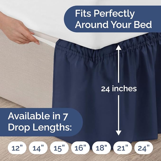 Wrap Around Dust Ruffle Bed Skirt - Navy Blue - for Full Size Beds with 24 Inch Drop - Elastic Strap - Adjustable Pleated Bedskirt with Brushed Fabric and Wrinkle Free - for Women, Men, Kids & Teens