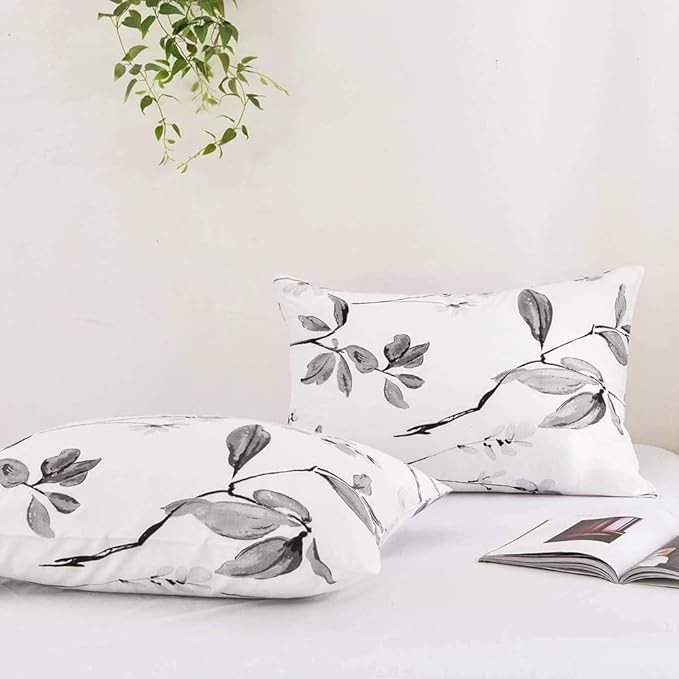 Nanko Queen Size Duvet Cover Set, White and Grey Floral Leaf Luxury Microfiber Down Comforter Quilt Cover with Zipper, Ties - Modern Farmhouse Bedding for Men Women Bed 3 Piece - 90 x 90, Gray Flowers