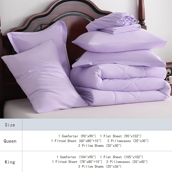NTBAY King Comforter Set with Sheets, 7 Pieces Soft and Breathable King Bedding Set, Bed in a Bag, Down Alternative Comforter Set Solid Color All Season, Light Purple