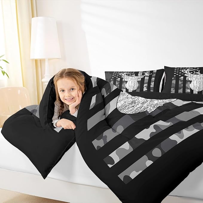 American Flag Bedding Set Deer Camo Comforter Set King for Kids Boys Teen Man,Western Rustic Black Grey Military Camouflage Bedding Comforters Hunting Deer Antlers Quilt Duvet for All Season 3 Pcs