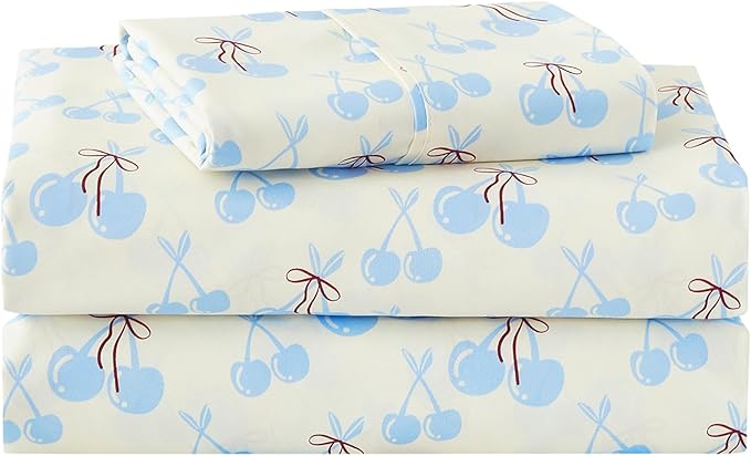 Kids Sheet Set Twin Size, Twin Sheet Set with Blue Cherry Pattern，Breathable Silky Soft Microfiber Kids Fitted Sheet