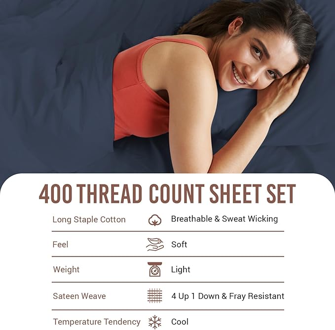 Pizuna Pure 100% Cotton Sheets King Size, Luxurious 400 Thread Count Long Staple Cotton Sateen Sheets with 15inch Deep Pocket (Combed Dark Blue Sheet King)