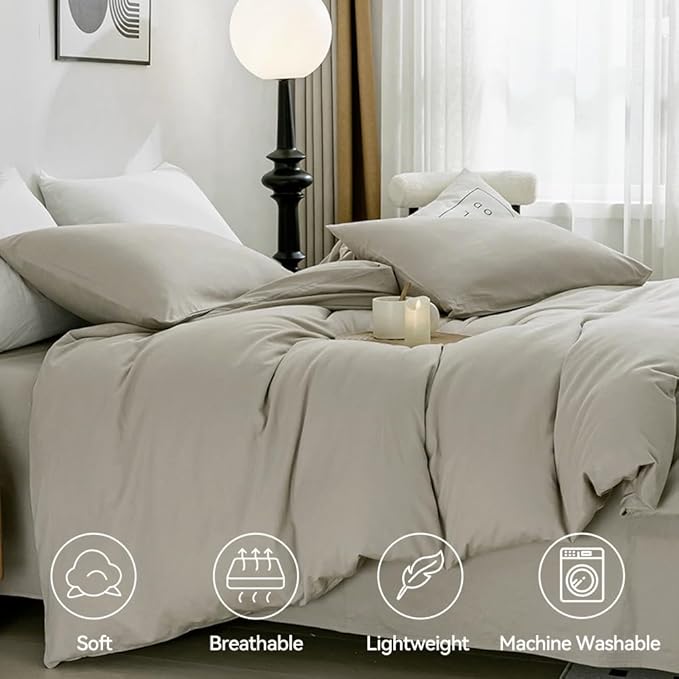 JELLYMONI Cotton Duvet Cover King Size - 100% Washed Cotton Comforter Cover, 3 Pieces Lightweight Soft Bedding Set with Zipper Closure (Linen Grey, King 104"x90")