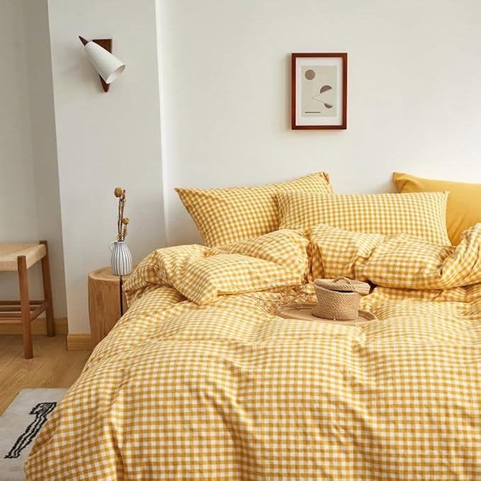 LifeTB Yellow Gingham Duvet Cover Twin 3 Piece 100% Washed Cotton Grid Bedding Set Super Soft Comfy Vintage Plaid Checkered Comforter Cover Farmhouse Breathable Gingham Bedding Set Twin