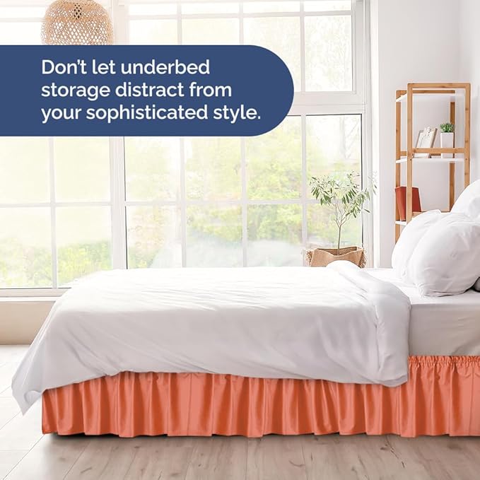 Wrap Around Dust Ruffle Bed Skirt - Coral - for Queen Size Beds with 18 Inch Drop - Easy Fit Elastic Strap - Adjustable Pleated Bedskirt w/Brushed Fabric - Wrinkle Free - for Women, Men, Kids & Teens
