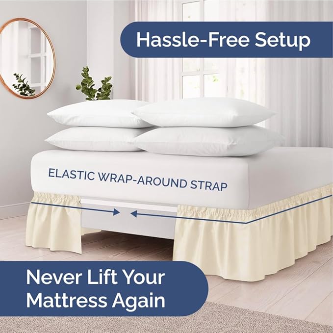 Wrap Around Dust Ruffle Bed Skirt - Off White - for Full Size Beds w/ 12 Inch Drop - Easy Fit Elastic Strap - Adjustable Pleated Bedskirt w/Brushed Fabric - Wrinkle Free - Women, Men, Kids & Teens