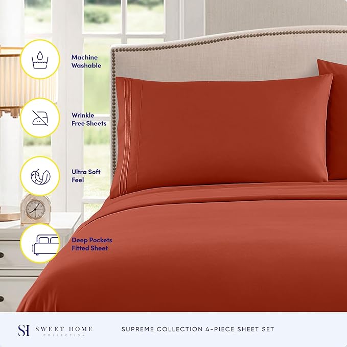 California King Sheet Sets - Breathable Luxury Sheets with Full Elastic & Secure Corner Straps Built In - 1800 Supreme Collection Cal King Deep Pocket Bedding Set, Sheet Set, California King, Rust