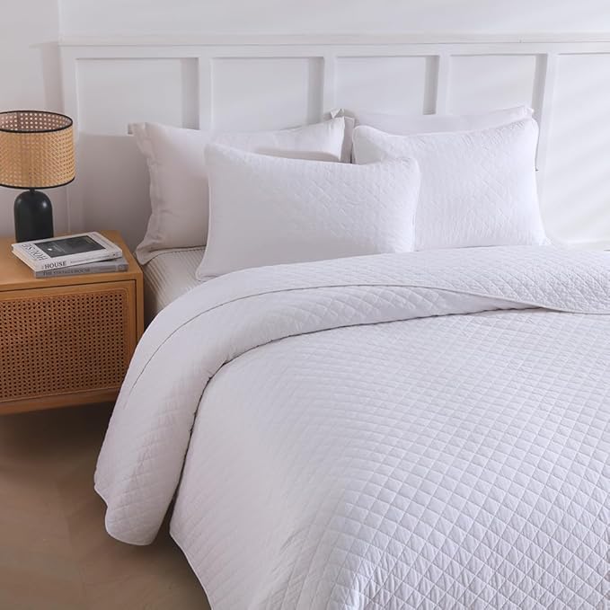 Cotton Quilt Bedding Sets Queen Size, 3 Pieces Reversible Lightweight Coverlets Comforters Bedspreads for All Seasons,Geometric Stitching Pattern,White