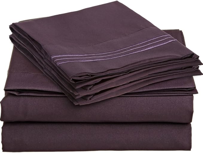 Clara Clark 2000 Series Bed Sheet Sets - Stay fit on mattress with elastic straps at corners - Queen, Purple Eggplant