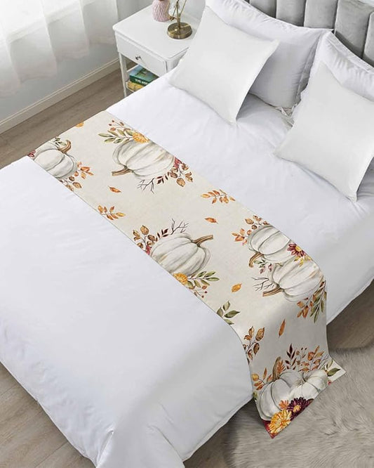 Thanksgiving Pumpkin Fall Maple Leaf Watercolor Bed Runners for Bedroom Hotel,Decorative Bedding Scarf Retro Linen Bed End Blanket Bedding Runner Scarves for Queen Size Beds,94x20in