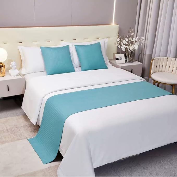 Aqua Blue Bed Runner King Geometry Striped Reversible Bed Scarf for 180cm Bed Aqua Durable Quilted Bed Scarves Decorative for Hotel Bedroom (95 x 20 in, 1 Piece)