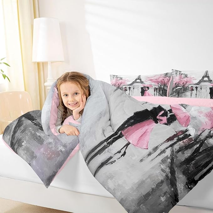Pink Paris Bedroom Comforter Set Queen,Pink Grey Eiffel Tower Bedding Set For Teens Girls Women Paris Themed Room Decor,Retro Cherry Blossoms Couple Comforter Valentine's day Gifts Quilt Dark Gray