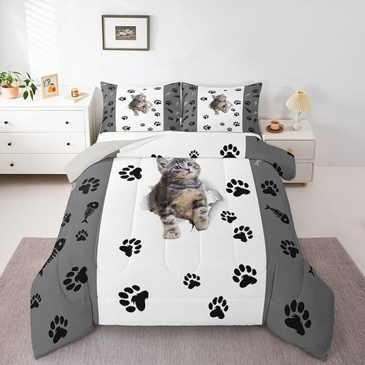 Erosebridal Kids Cat Comforter Set King,3D Cute Kawaii Cat Bedding Set Lovely Animal Kitten Paw Print Down Comforter Boys Cat Lovers' Bedroom,Fish Bone Decor Quilt Duvet Set 2 Pillow Cases, Multi 75