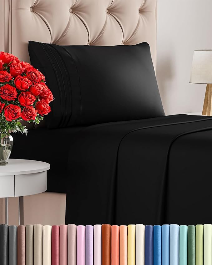 Twin XL Size 3 Piece Sheet Set - Comfy Breathable & Cooling Bed Sheets Set - Hotel Luxury Bedding for Women, Men, Kids, Teens, Boys & Girls - Deep Pockets, Ultra-Soft, Wrinkle Free - Oeko-Tex - Black