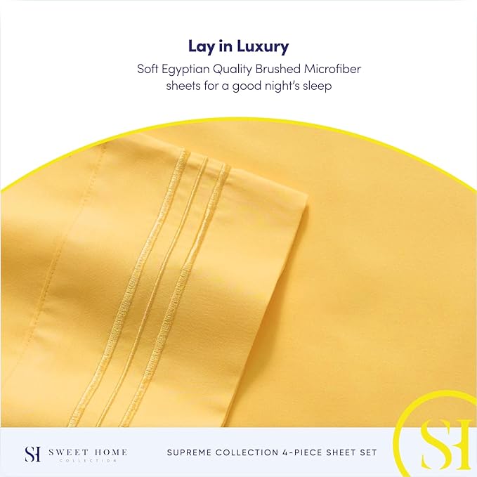 Split King Sheets - Breathable Luxury Sheets with Full Elastic & Secure Corner Straps Built In - 1800 Supreme Collection Extra Soft Deep Pocket Bedding Set, Sheet Set, Split King Size, Yellow
