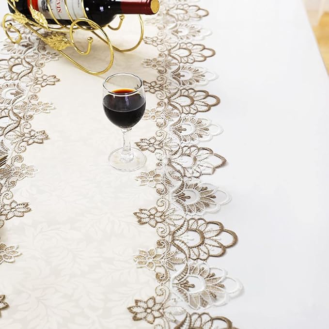 LeLehome 69 Inches Embroidery Lace Table Runner, Classic Jacquard Floral Dresser Scarf for Kitchen Dining Restaurant Party Wedding Tabletop Home Decoration Beige White