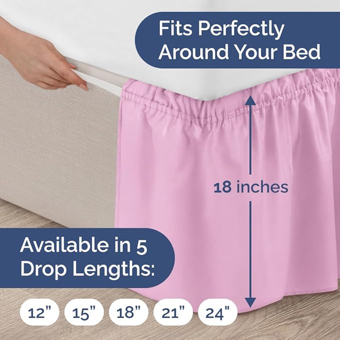 Wrap Around Dust Ruffle Bed Skirt - Light Pink - for King Size Beds with 18 Inch Drop - Elastic Strap - Adjustable Pleated Bedskirt with Brushed Fabric and Wrinkle Free - for Women, Men, Kids & Teens