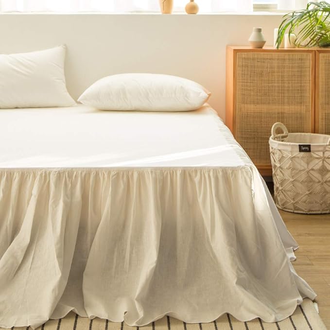 Simple&Opulence Belgian Linen Bed Skirt with Classic 14 inch Tailored Drop Dust Ruffle, Easy Fit Breathable Premium Natural Flax- Pleated White, Queen