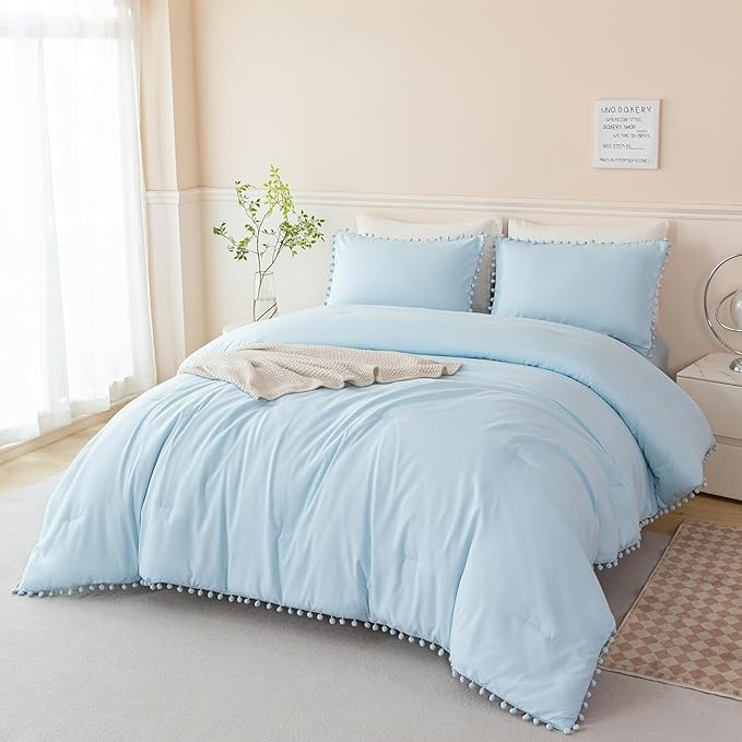 PERFEMET 5 Pieces Full Bed in A Bag Light Blue Pom Pom Bedding Set for Girls Boys Soft Fluffy Boho Solid Bedding Comforter Set with Sheets(Light Blue, Full)